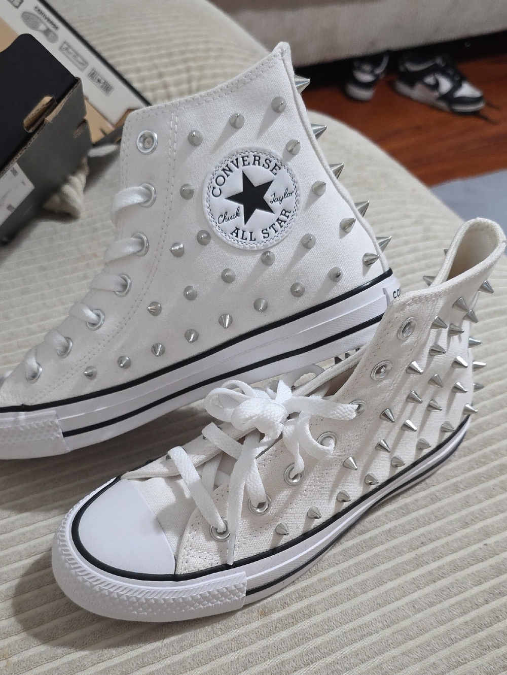 Converse White High-Top All Star Sneakers with Silver Spikes